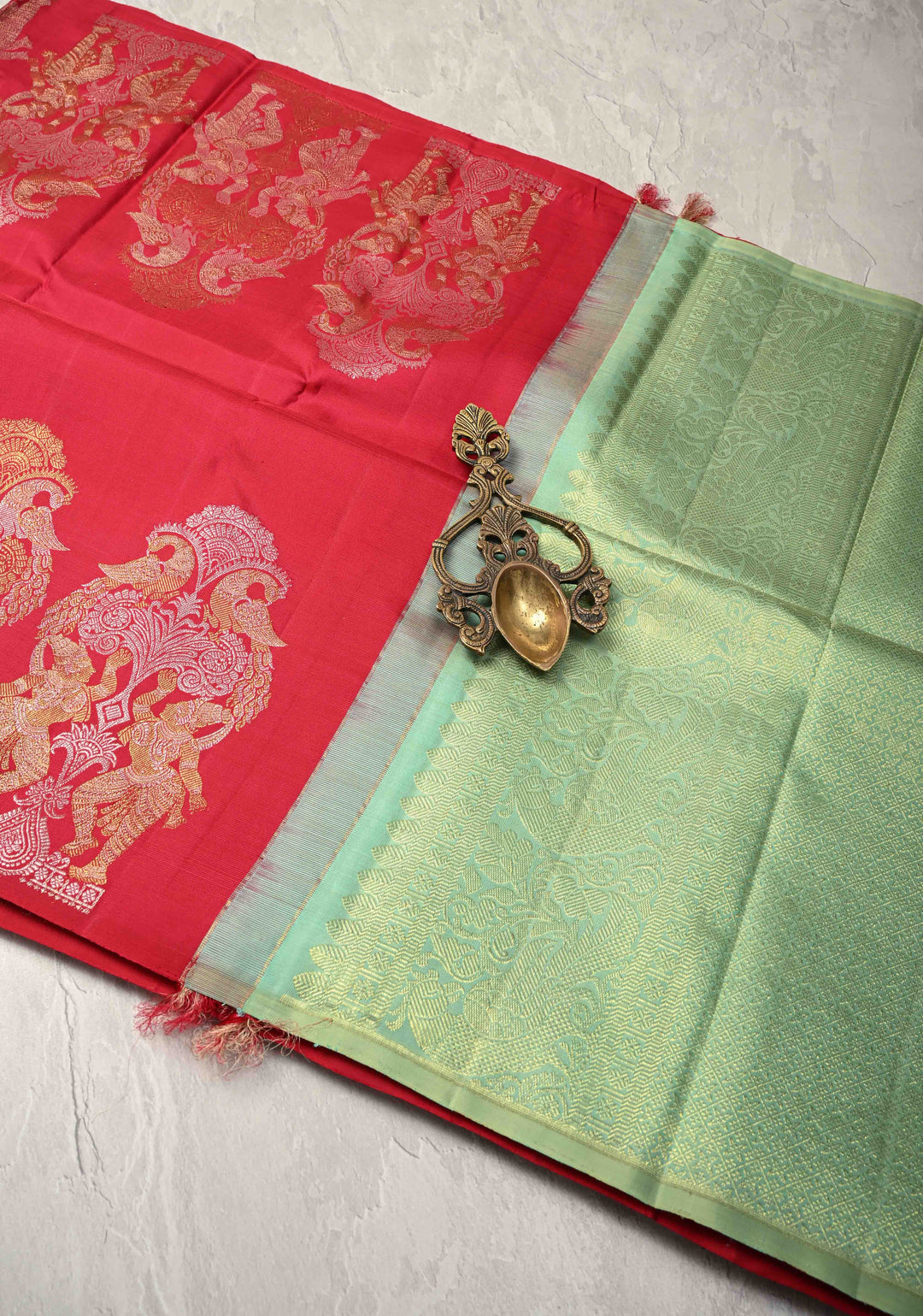 Rani Pink Pure Kanjivaram Silk Saree with Twin Peacock and Apsara Gold-Silver Zari Border | SILK MARK CERTIFIED