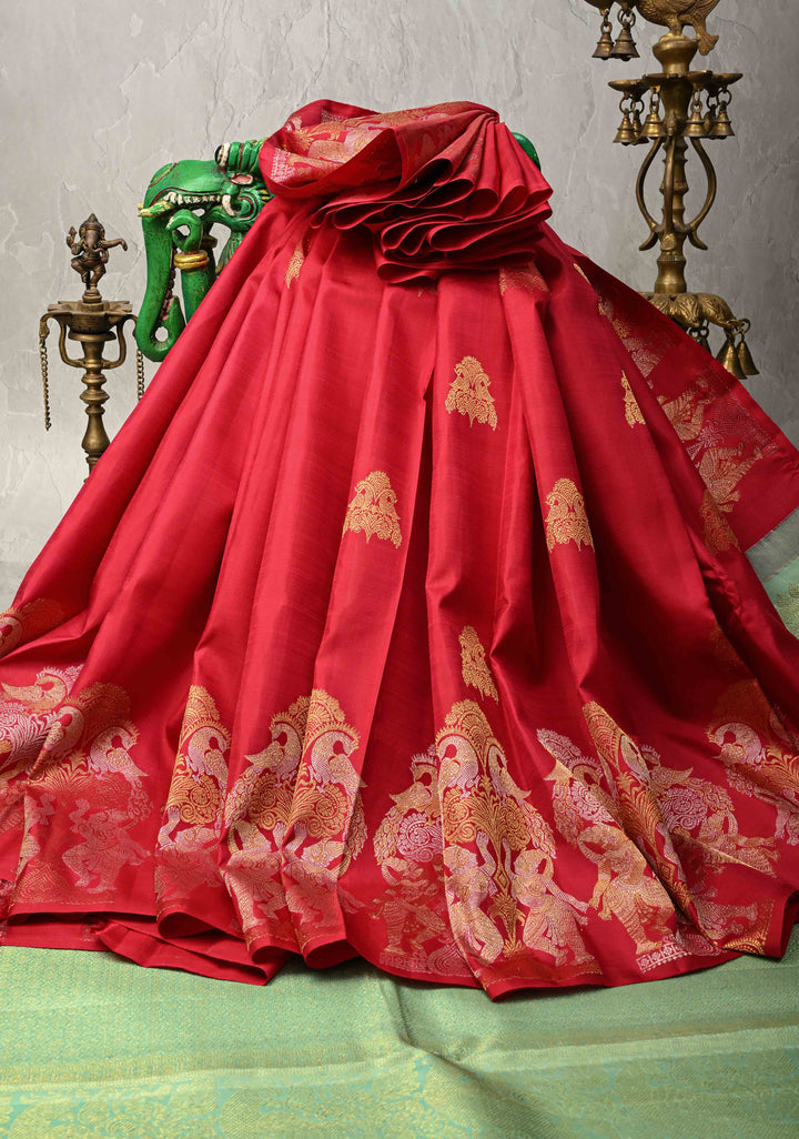 Rani Pink Pure Kanjivaram Silk Saree with Twin Peacock and Apsara Gold-Silver Zari Border | SILK MARK CERTIFIED