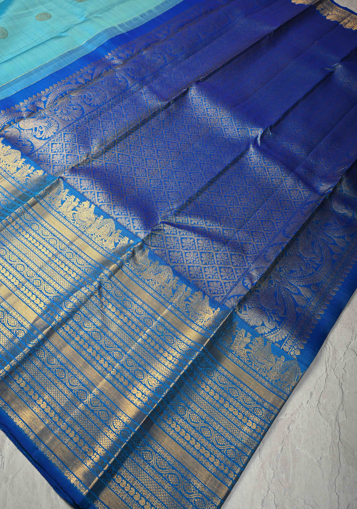 1 Gram Zari Cyan Pure Kanjivaram Silk Saree with Zari Buttas and Contrast Wide Zari Border | SILK MARK CERTIFIED