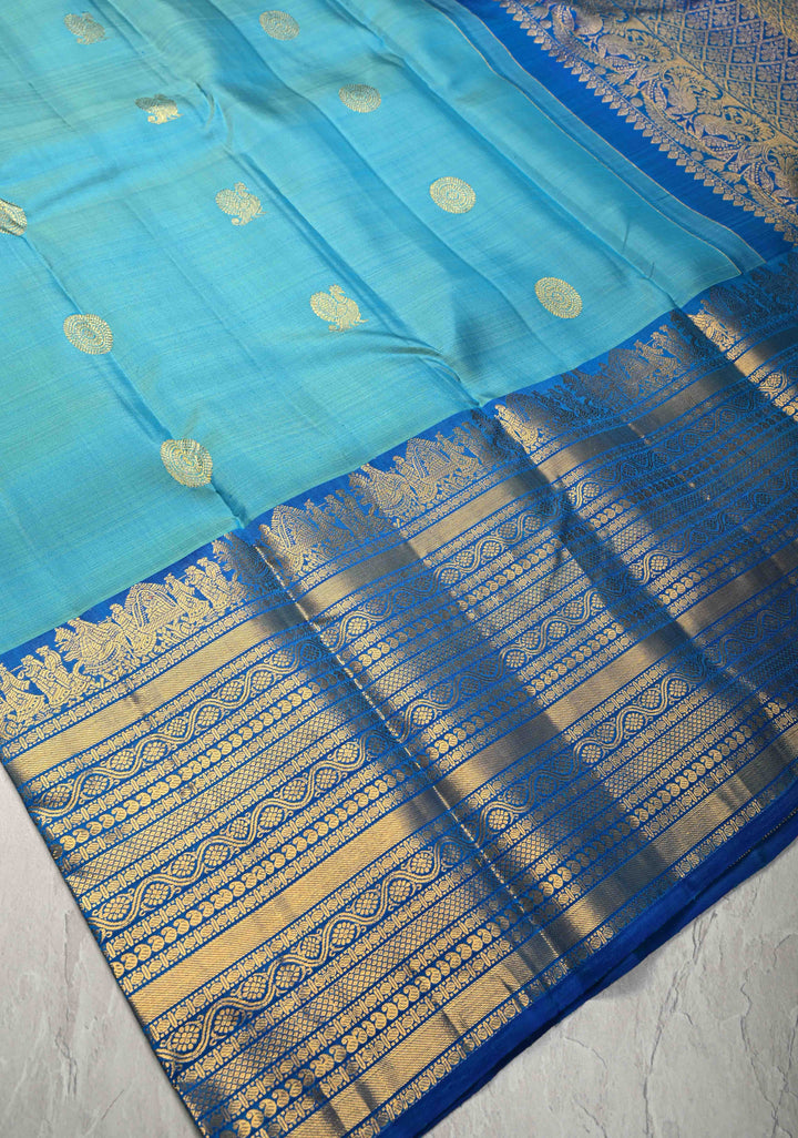1 Gram Zari Cyan Pure Kanjivaram Silk Saree with Zari Buttas and Contrast Wide Zari Border | SILK MARK CERTIFIED