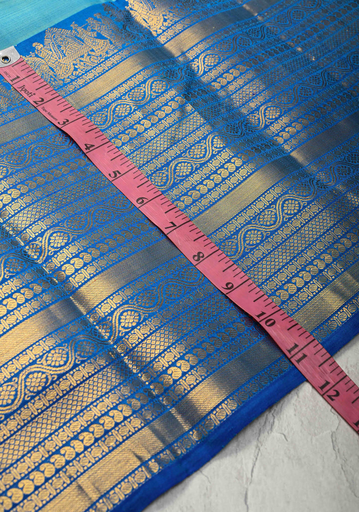 1 Gram Zari Cyan Pure Kanjivaram Silk Saree with Zari Buttas and Contrast Wide Zari Border | SILK MARK CERTIFIED