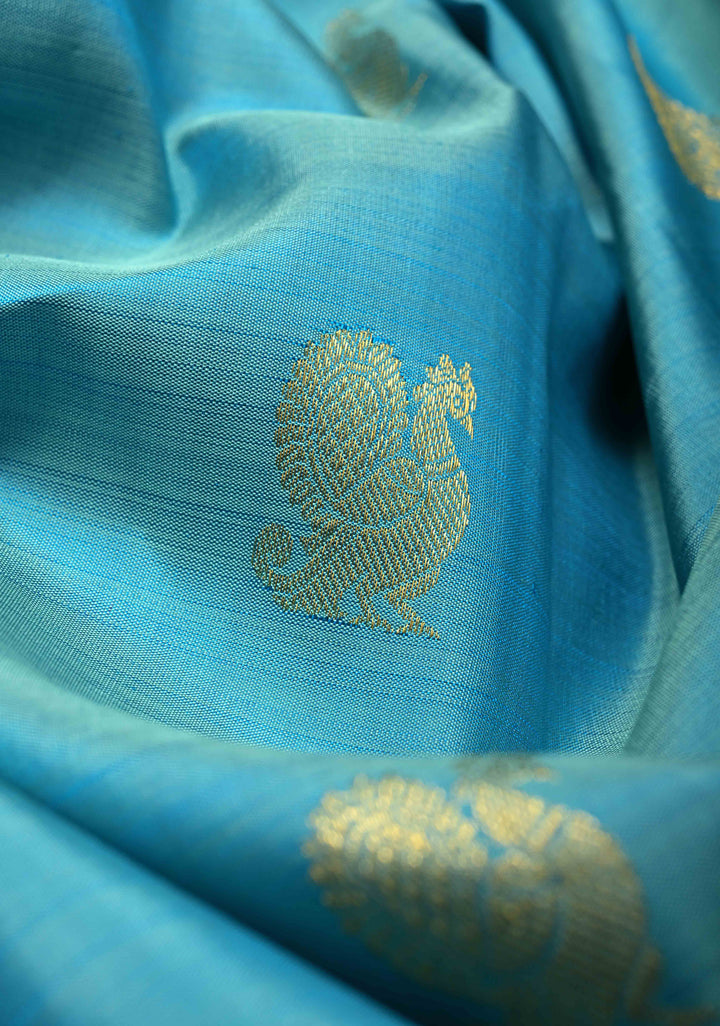 1 Gram Zari Cyan Pure Kanjivaram Silk Saree with Zari Buttas and Contrast Wide Zari Border | SILK MARK CERTIFIED