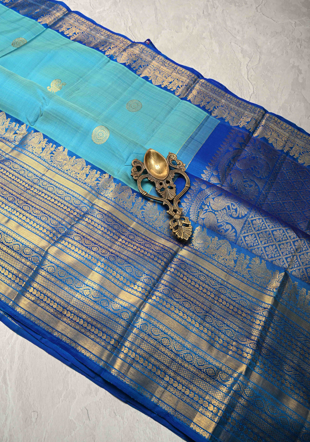 1 Gram Zari Cyan Pure Kanjivaram Silk Saree with Zari Buttas and Contrast Wide Zari Border | SILK MARK CERTIFIED