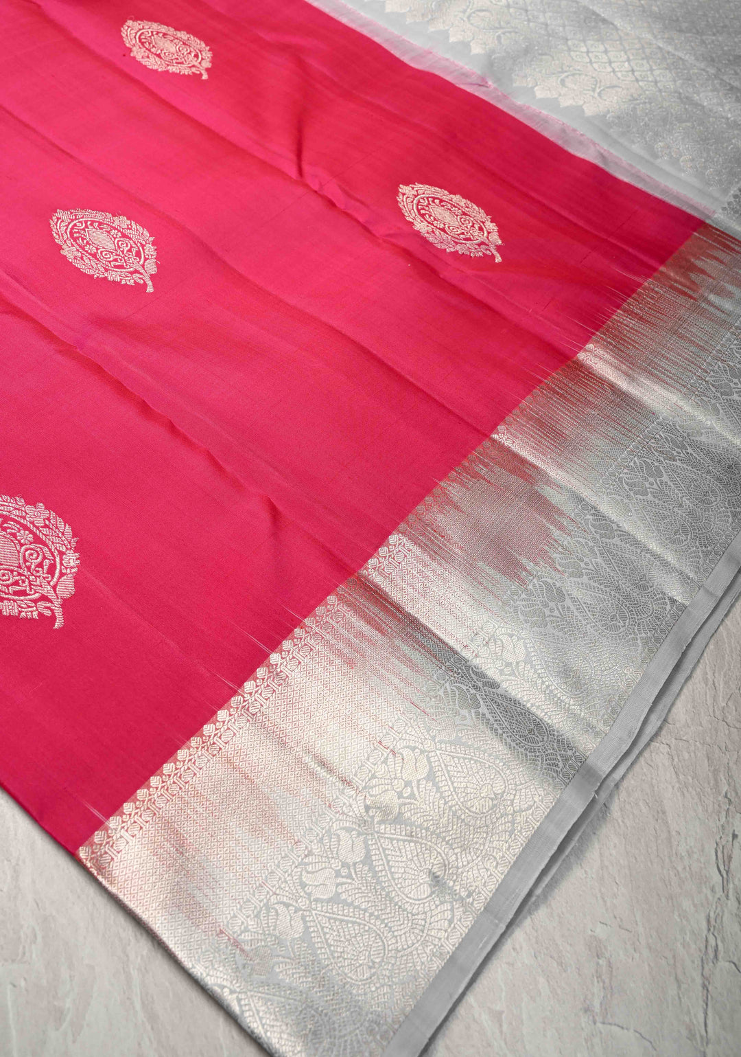 Dark Pink Pure Kanjivaram Silk Saree with Zari Buttas and Contrast Zari Border | SILK MARK CERTIFIED