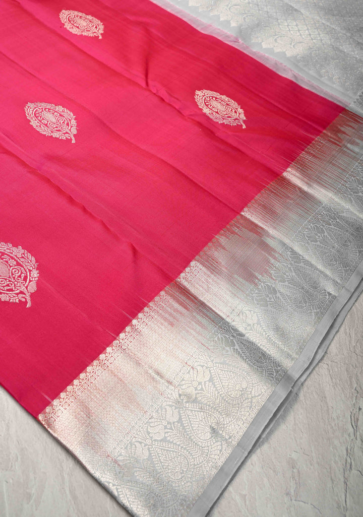 Dark Pink Pure Kanjivaram Silk Saree with Zari Buttas and Contrast Zari Border | SILK MARK CERTIFIED