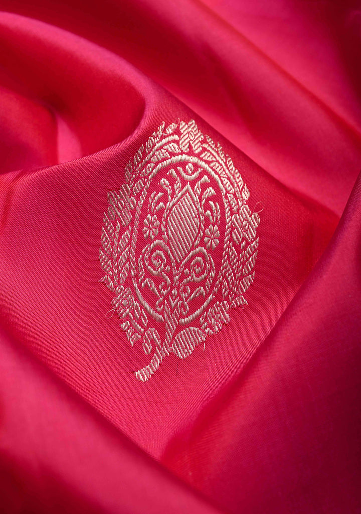 Dark Pink Pure Kanjivaram Silk Saree with Zari Buttas and Contrast Zari Border | SILK MARK CERTIFIED