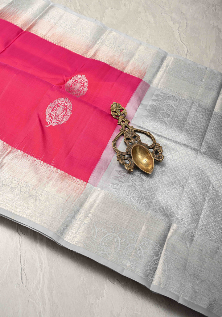 Dark Pink Pure Kanjivaram Silk Saree with Zari Buttas and Contrast Zari Border | SILK MARK CERTIFIED