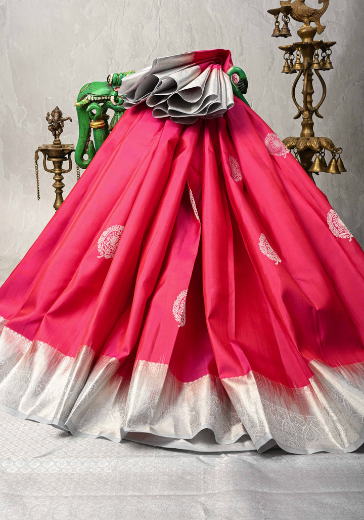 Dark Pink Pure Kanjivaram Silk Saree with Zari Buttas and Contrast Zari Border | SILK MARK CERTIFIED