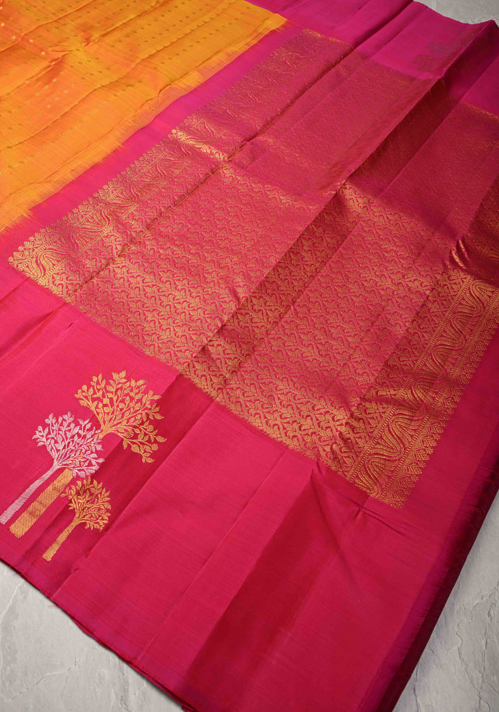 Orange Pure Kanjivaram Silk Saree with Chunri Buttis and Destict Tree Motifs on Contrast Border | SILK MARK CERTIFIED