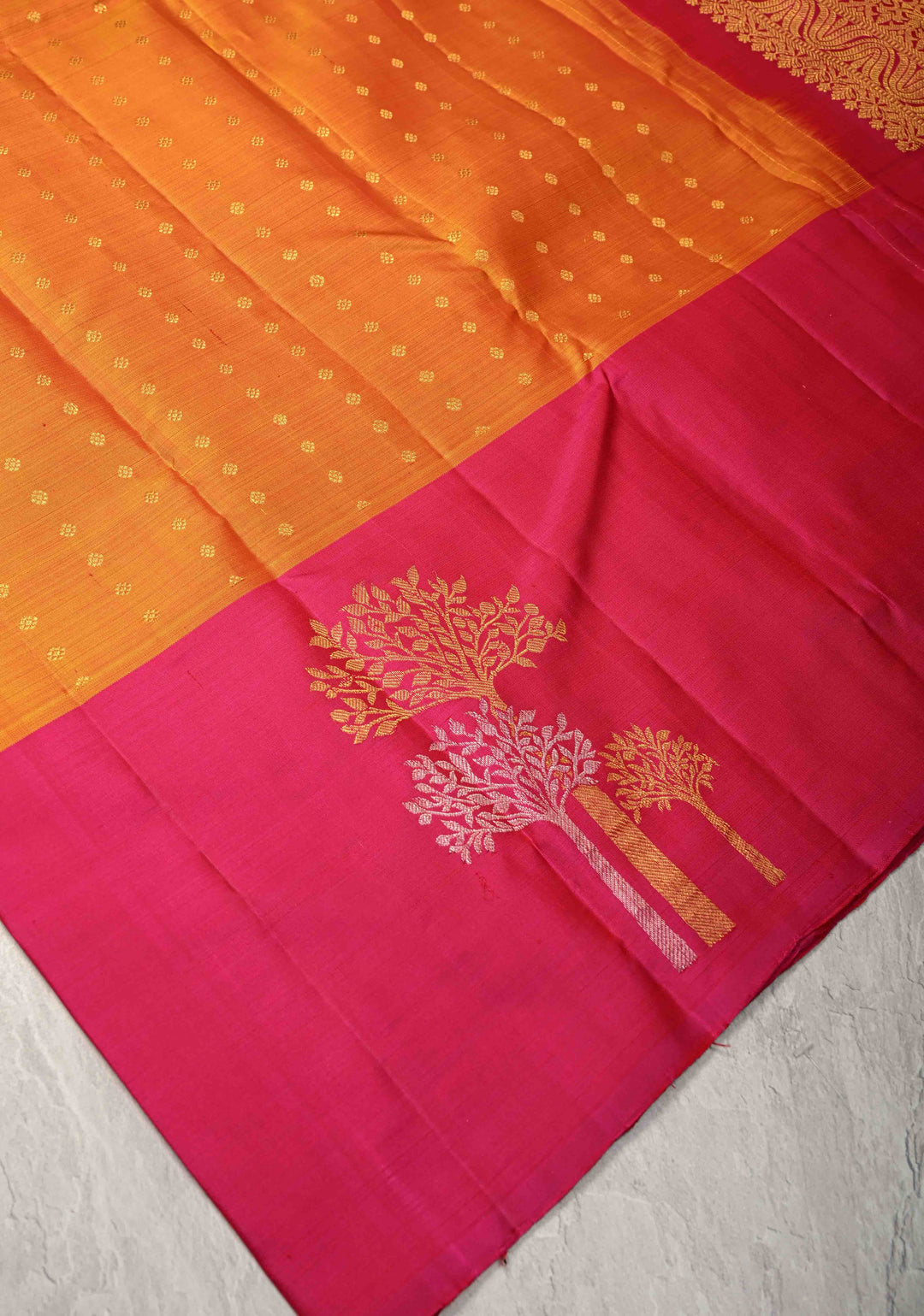 Orange Pure Kanjivaram Silk Saree with Chunri Buttis and Destict Tree Motifs on Contrast Border | SILK MARK CERTIFIED