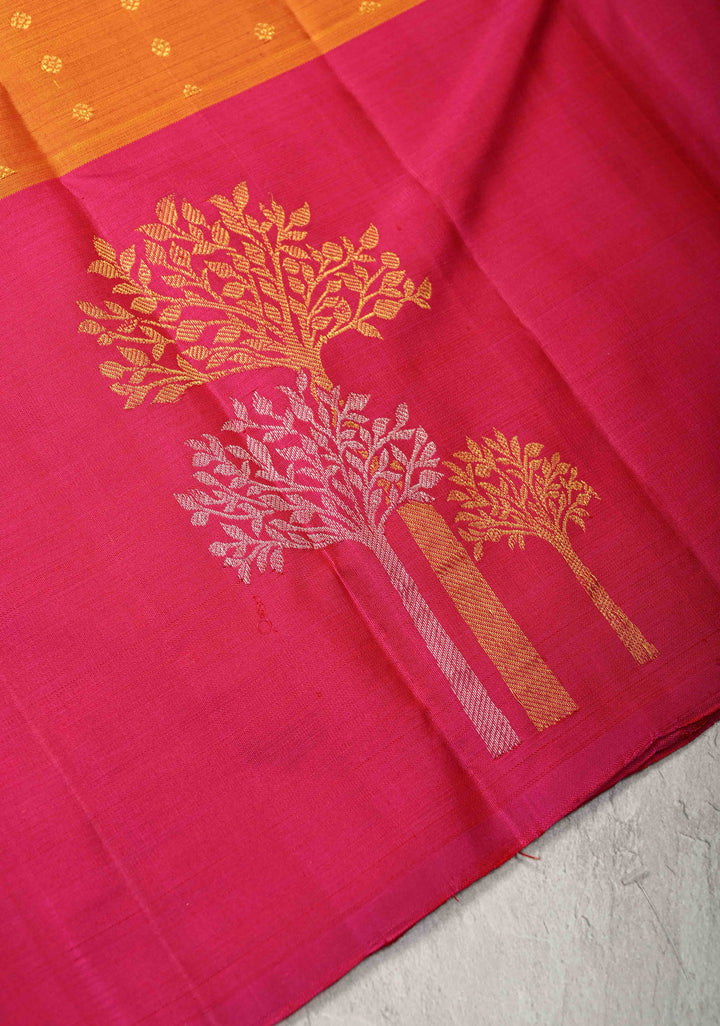 Orange Pure Kanjivaram Silk Saree with Chunri Buttis and Destict Tree Motifs on Contrast Border | SILK MARK CERTIFIED