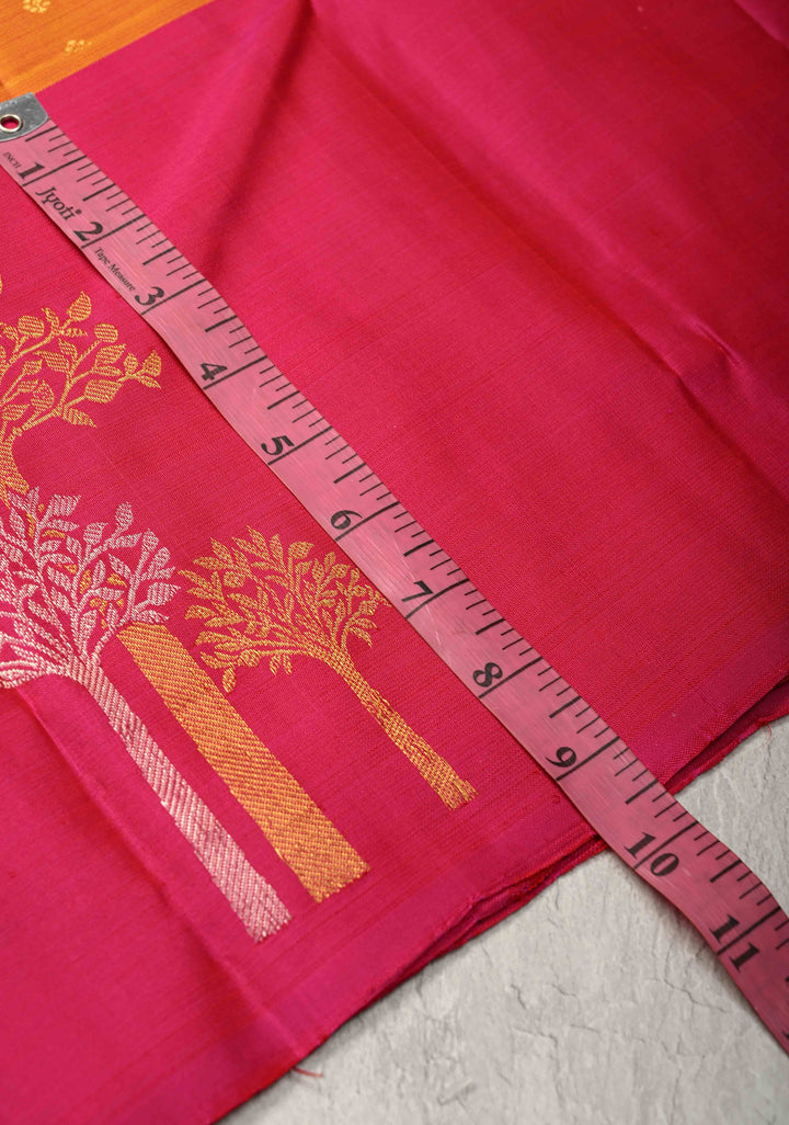 Orange Pure Kanjivaram Silk Saree with Chunri Buttis and Destict Tree Motifs on Contrast Border | SILK MARK CERTIFIED