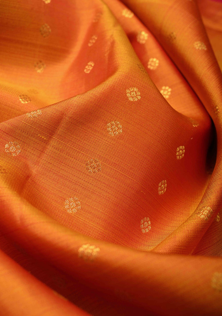 Orange Pure Kanjivaram Silk Saree with Chunri Buttis and Destict Tree Motifs on Contrast Border | SILK MARK CERTIFIED