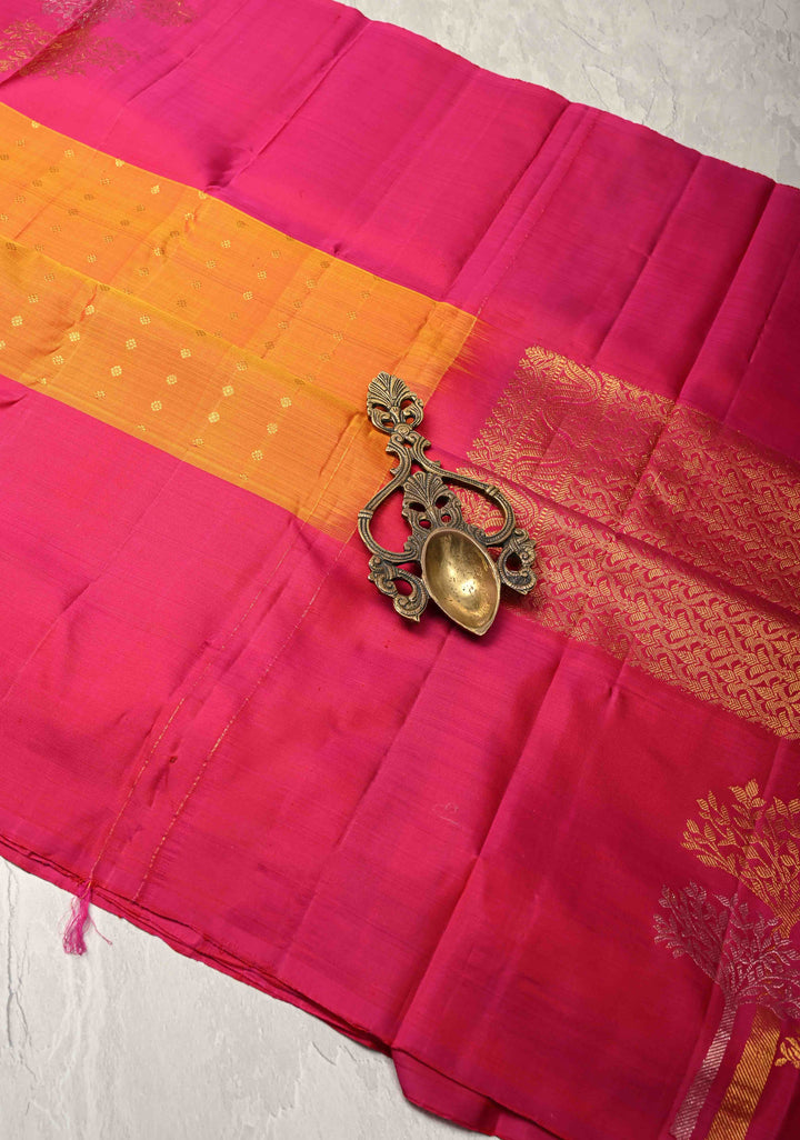 Orange Pure Kanjivaram Silk Saree with Chunri Buttis and Destict Tree Motifs on Contrast Border | SILK MARK CERTIFIED