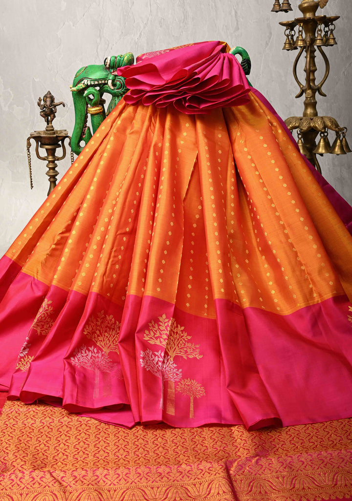 Orange Pure Kanjivaram Silk Saree with Chunri Buttis and Destict Tree Motifs on Contrast Border | SILK MARK CERTIFIED