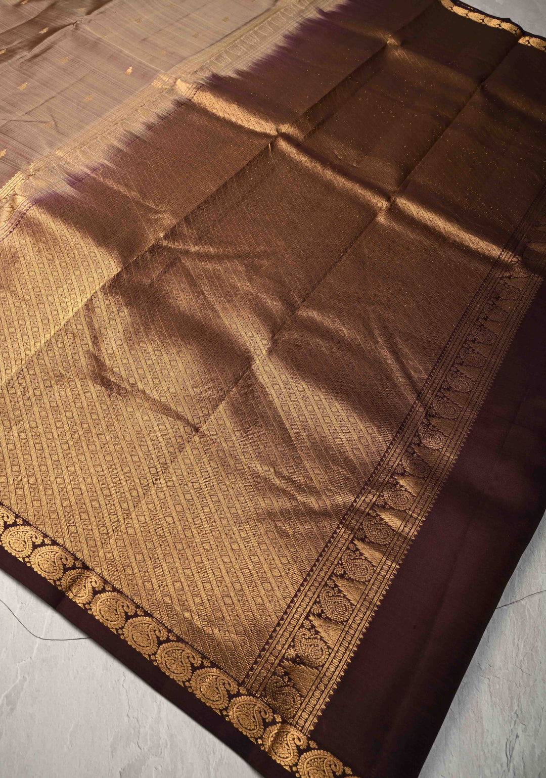 Earthy Gray Taupe  Dual tone Pure Kanjivaram Silk Saree with Zari Buttis and Minimal Zari Border | SILK MARK CERTIFIED