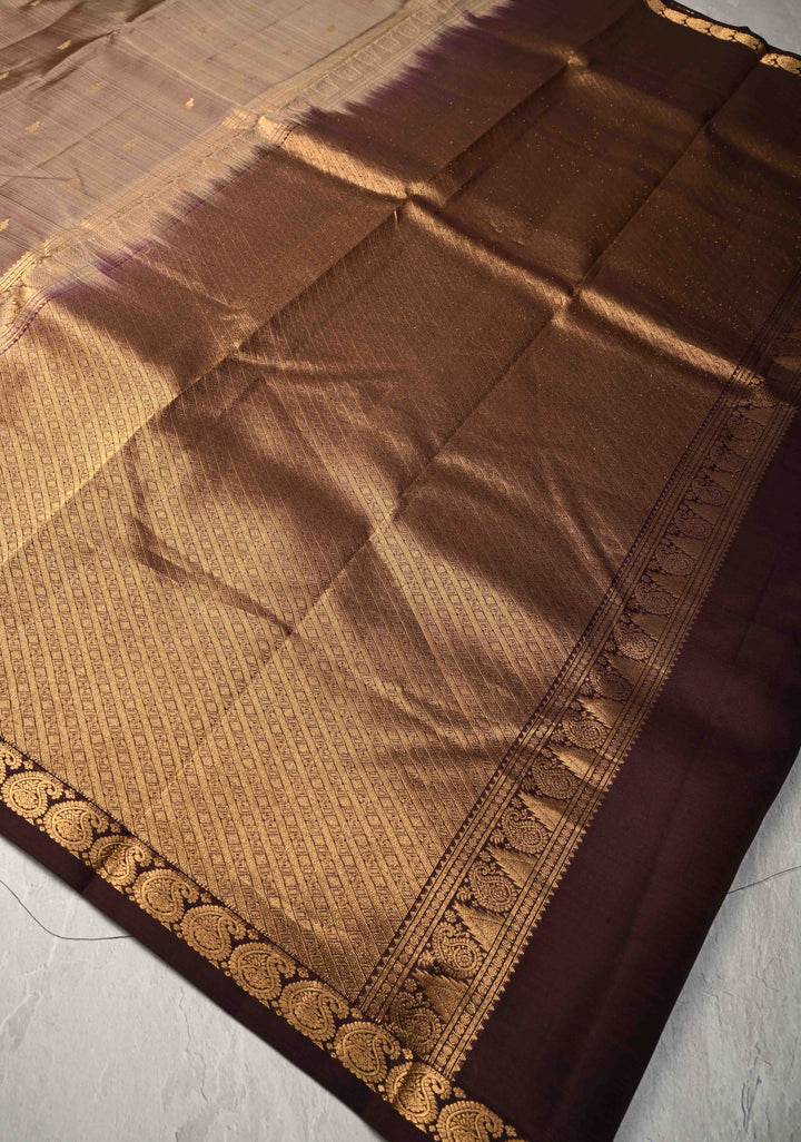 Earthy Gray Taupe  Dual tone Pure Kanjivaram Silk Saree with Zari Buttis and Minimal Zari Border | SILK MARK CERTIFIED