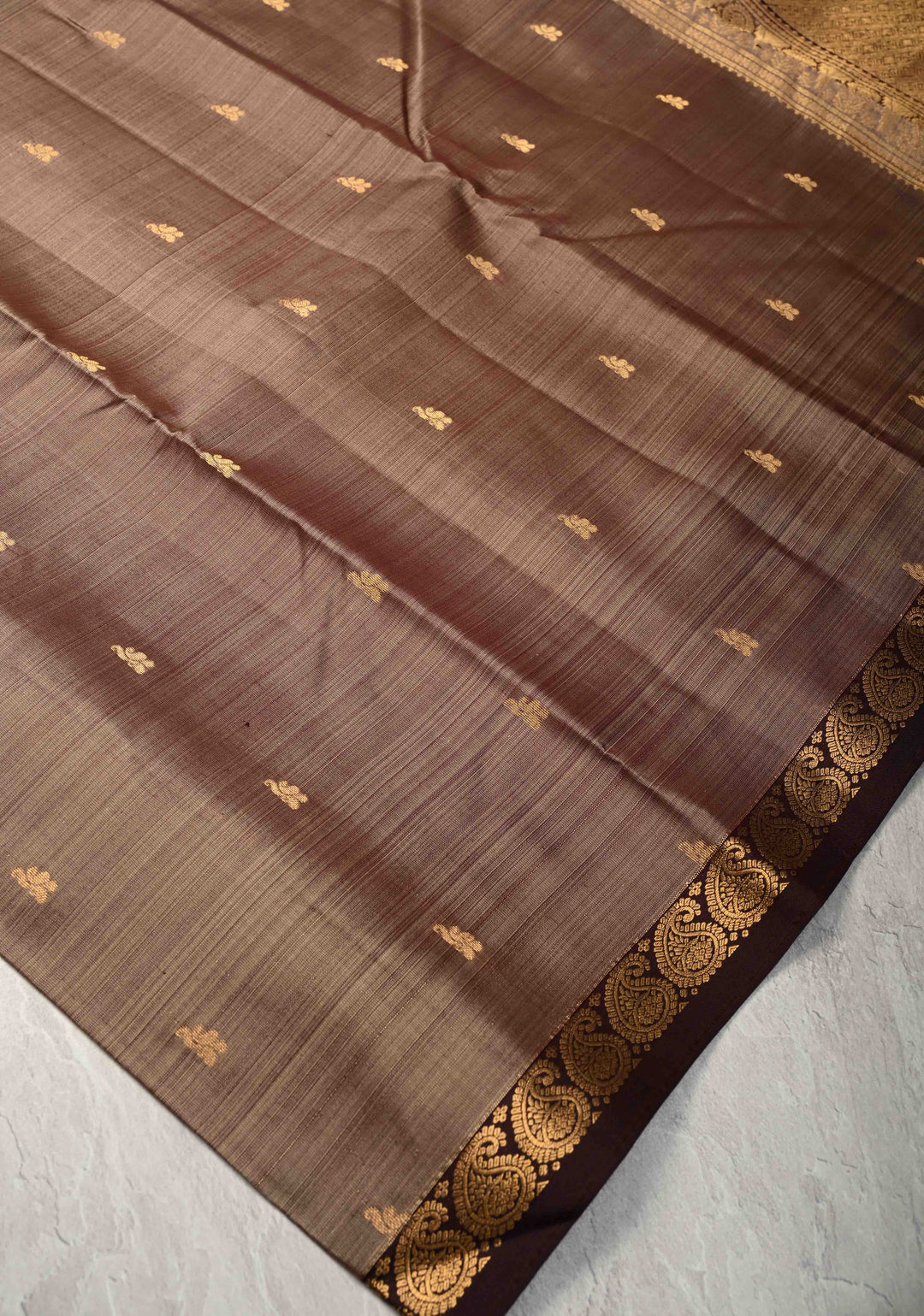 Earthy Gray Taupe  Dual tone Pure Kanjivaram Silk Saree with Zari Buttis and Minimal Zari Border | SILK MARK CERTIFIED