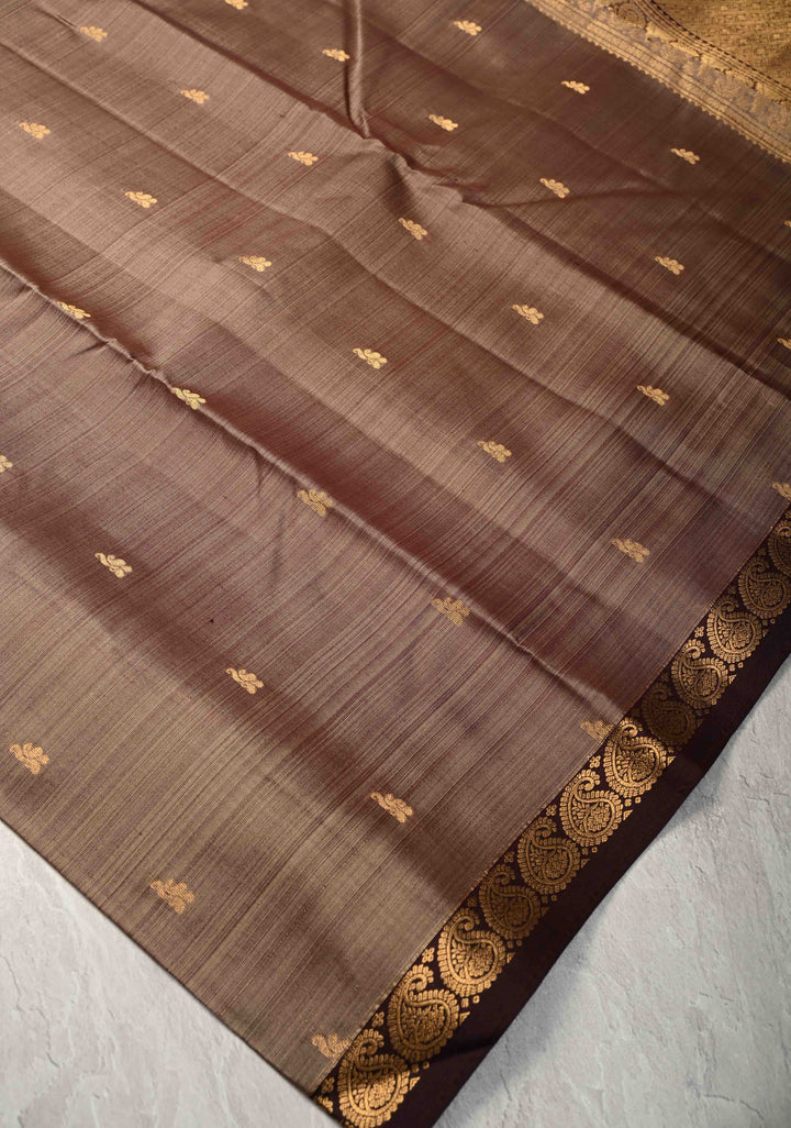 Earthy Gray Taupe  Dual tone Pure Kanjivaram Silk Saree with Zari Buttis and Minimal Zari Border | SILK MARK CERTIFIED