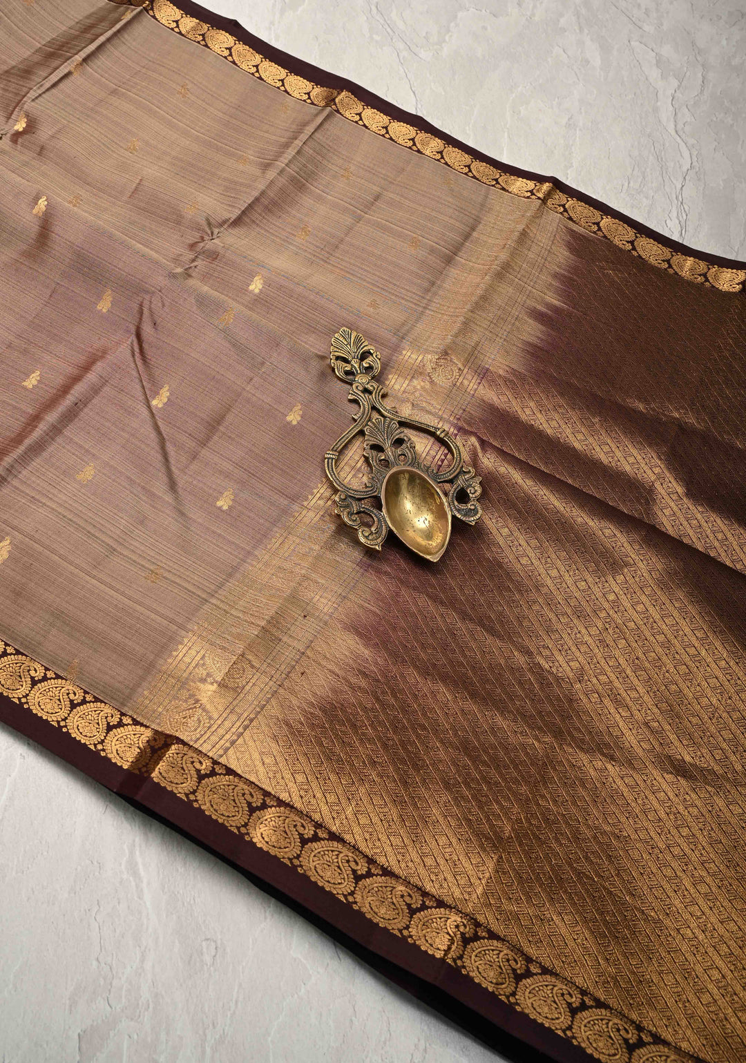 Earthy Gray Taupe  Dual tone Pure Kanjivaram Silk Saree with Zari Buttis and Minimal Zari Border | SILK MARK CERTIFIED