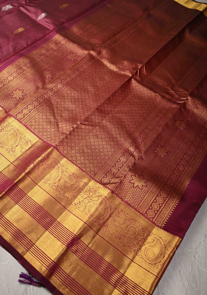 Dark Magenta Gold-Silver Stripes and Peacock Buttas on Pure Kanjivaram Silk Saree with Zari Border | SILK MARK CERTIFIED