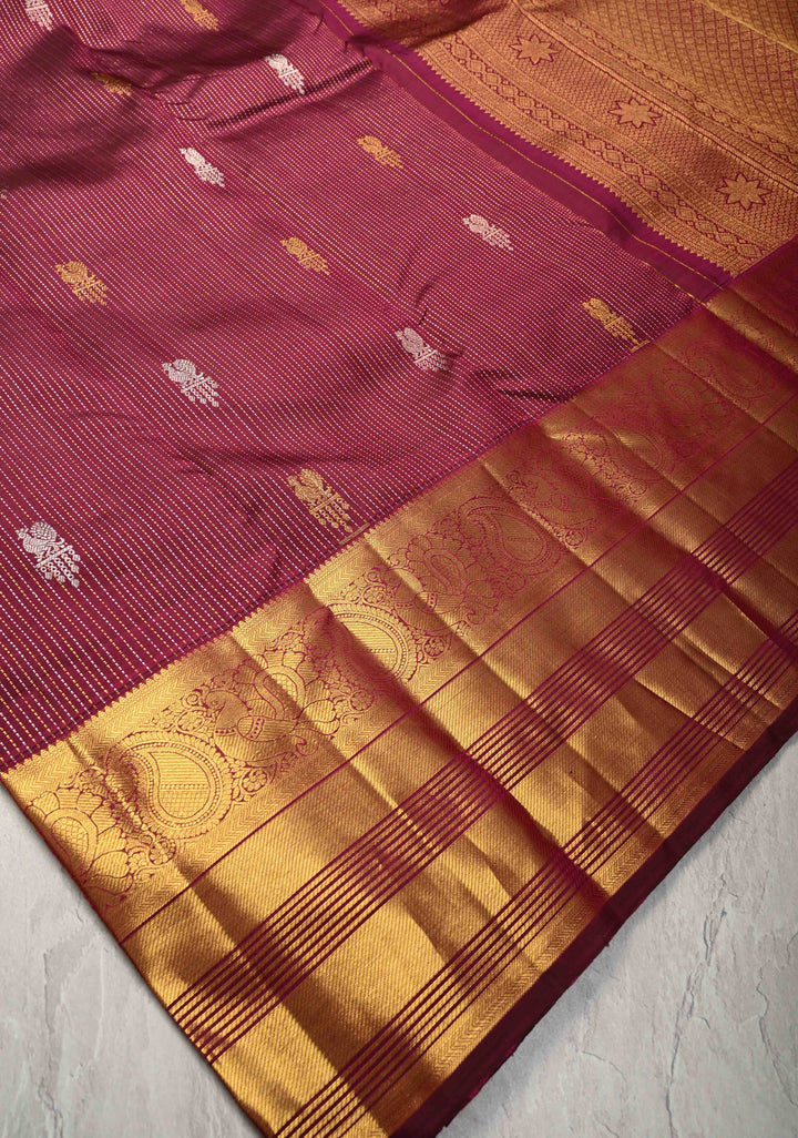 Dark Magenta Gold-Silver Stripes and Peacock Buttas on Pure Kanjivaram Silk Saree with Zari Border | SILK MARK CERTIFIED
