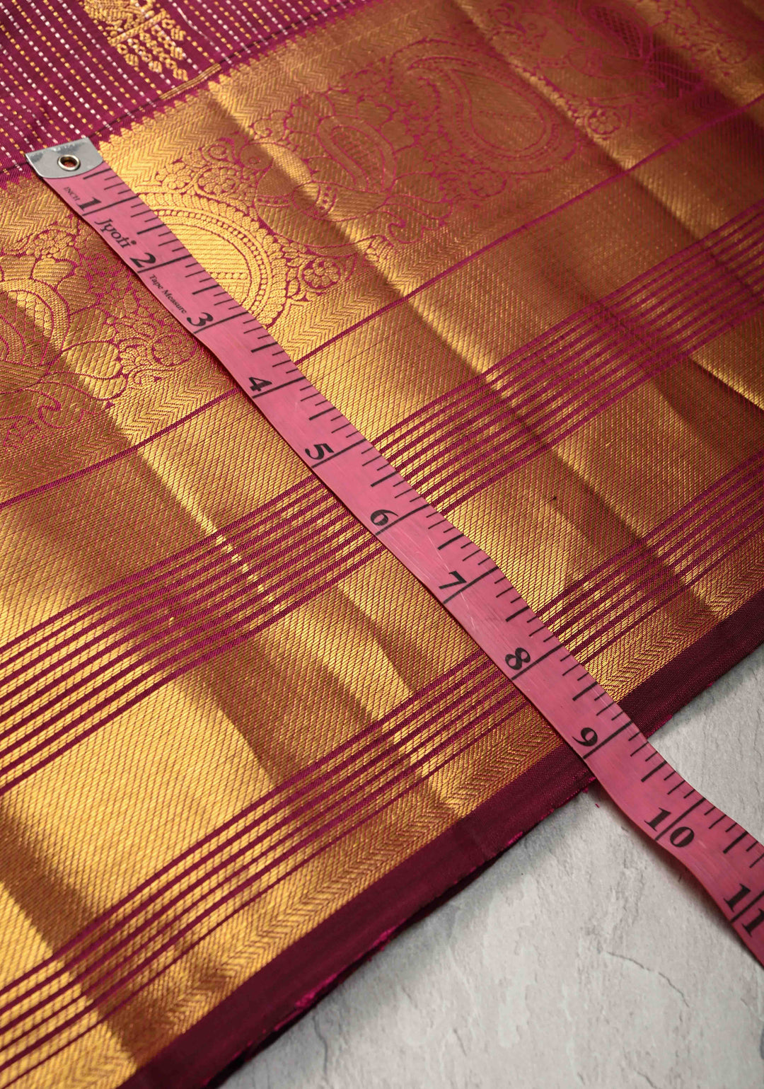 Dark Magenta Gold-Silver Stripes and Peacock Buttas on Pure Kanjivaram Silk Saree with Zari Border | SILK MARK CERTIFIED
