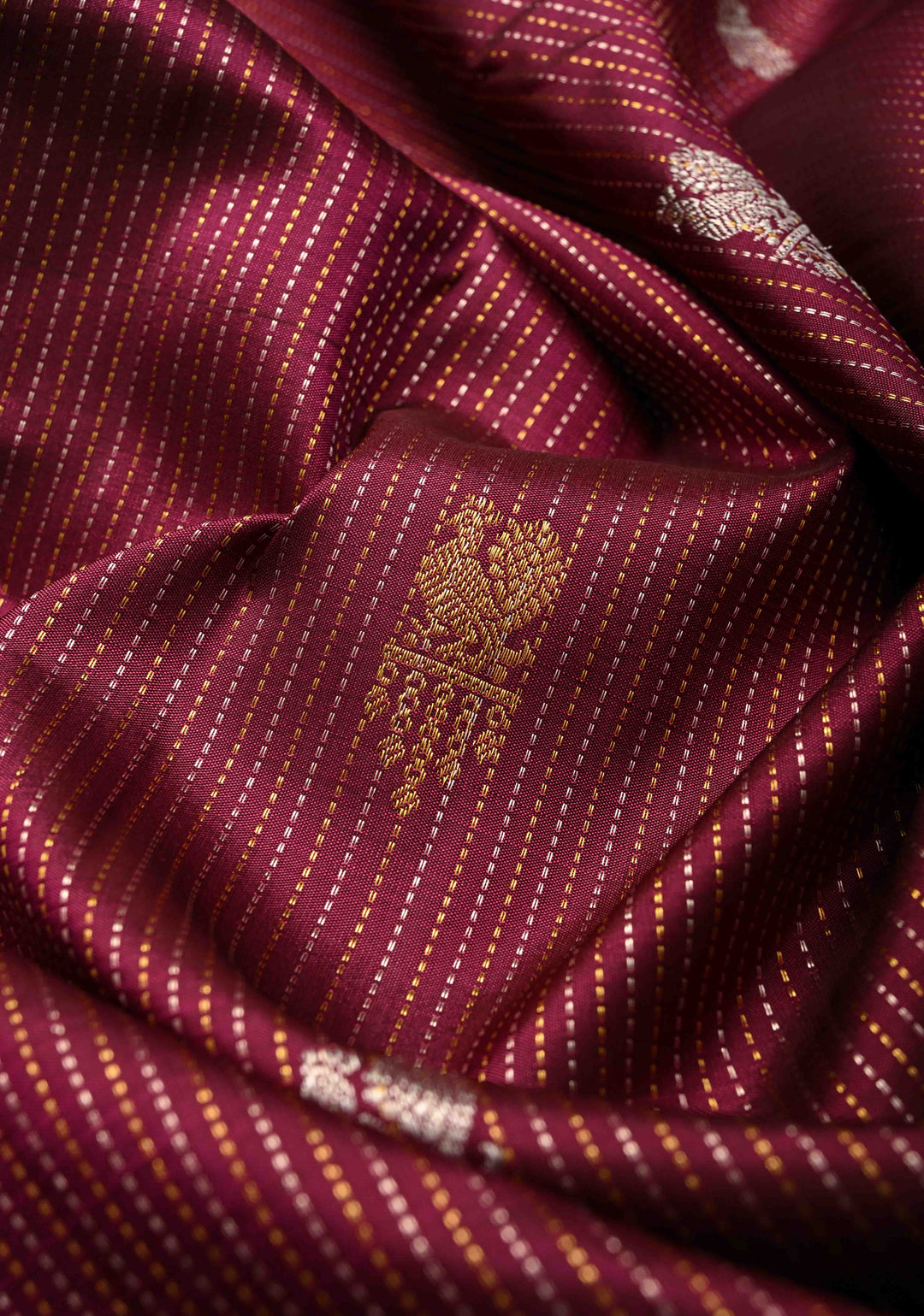 Dark Magenta Gold-Silver Stripes and Peacock Buttas on Pure Kanjivaram Silk Saree with Zari Border | SILK MARK CERTIFIED
