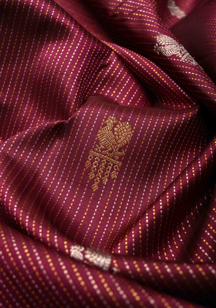Dark Magenta Gold-Silver Stripes and Peacock Buttas on Pure Kanjivaram Silk Saree with Zari Border | SILK MARK CERTIFIED
