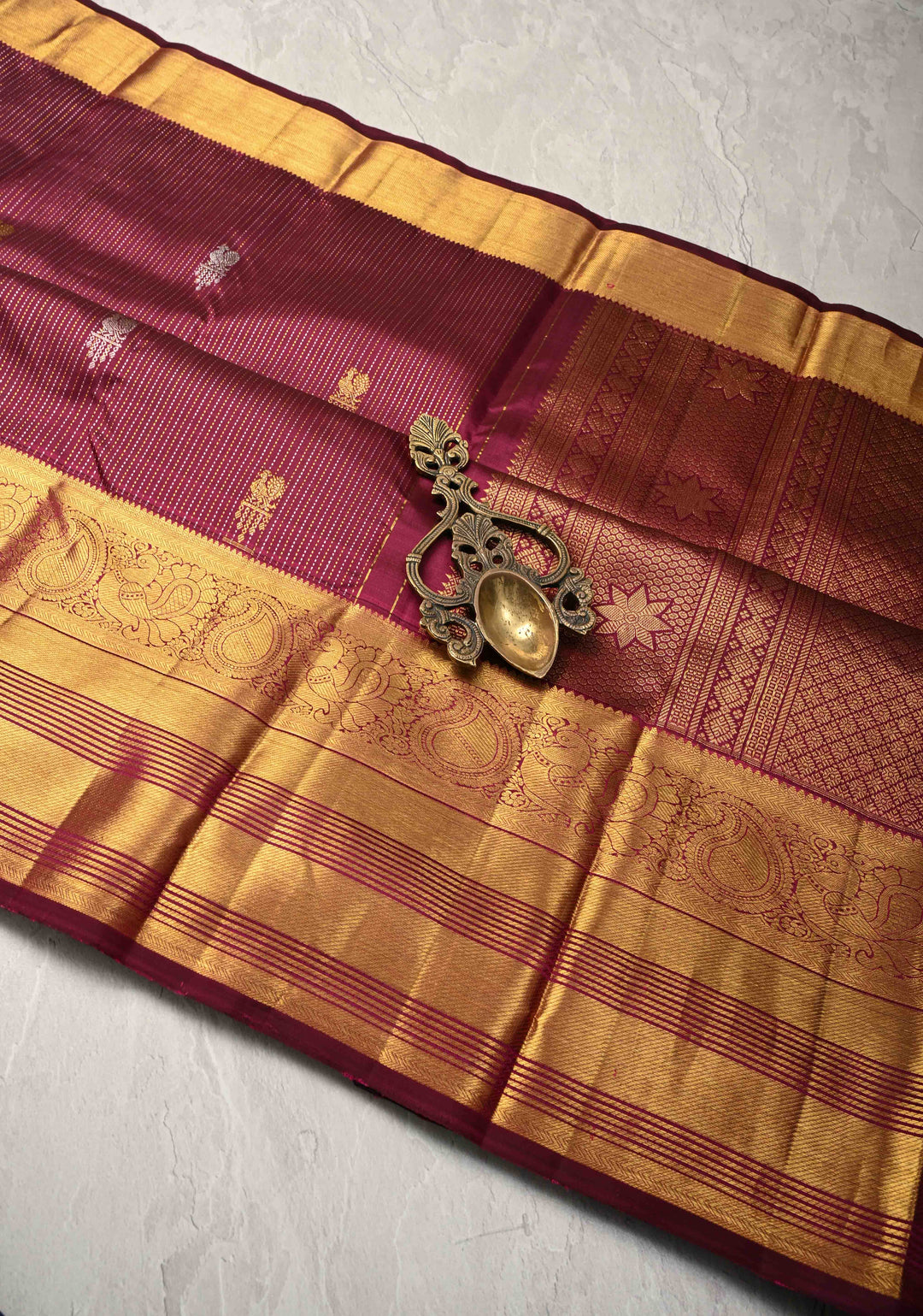 Dark Magenta Gold-Silver Stripes and Peacock Buttas on Pure Kanjivaram Silk Saree with Zari Border | SILK MARK CERTIFIED