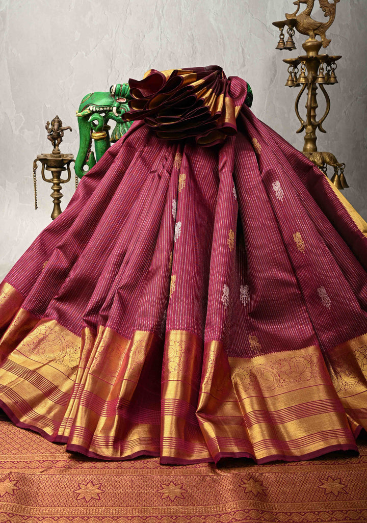 Dark Magenta Gold-Silver Stripes and Peacock Buttas on Pure Kanjivaram Silk Saree with Zari Border | SILK MARK CERTIFIED