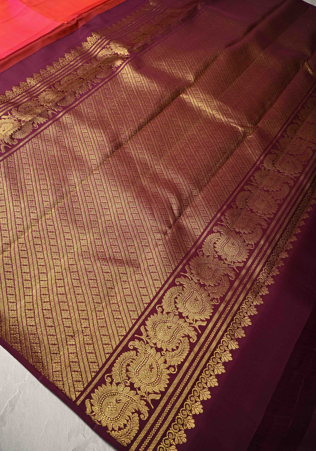 Pink Dual tone Borderless Pure Kanjivaram Silk Saree with Meena Zari Leaf Buttas and Contrast Pallu | SILK MARK CERTIFIED