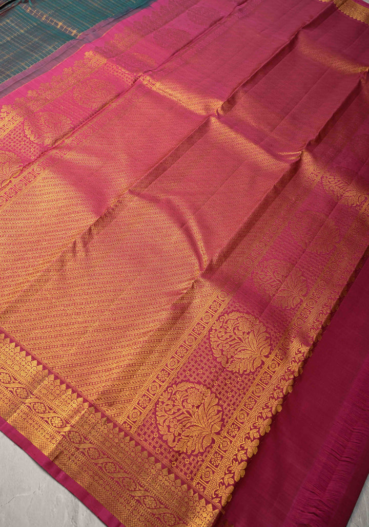 Zari Checks on Pure Kanjivaram Silk Saree in Dark Green Dual tone with Contrast Zari Border | SILK MARK CERTIFIED
