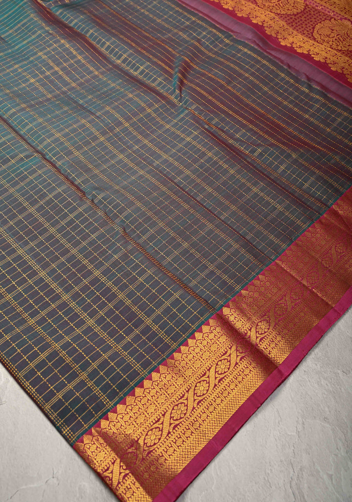 Zari Checks on Pure Kanjivaram Silk Saree in Dark Green Dual tone with Contrast Zari Border | SILK MARK CERTIFIED