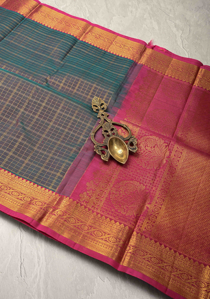 Zari Checks on Pure Kanjivaram Silk Saree in Dark Green Dual tone with Contrast Zari Border | SILK MARK CERTIFIED