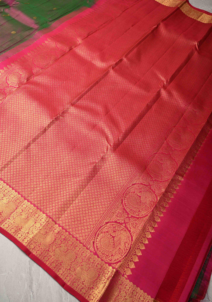Green-Pink Dual tone Pure Kanjivaram Silk Saree with Zari Buttas and Zari Border | SILK MARK CERTIFIED