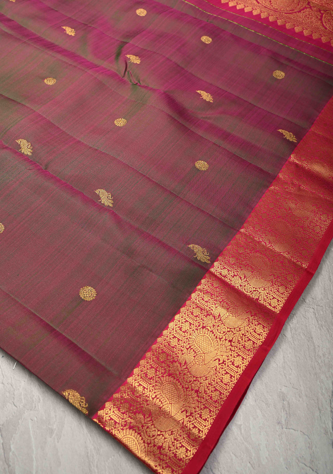 Green-Pink Dual tone Pure Kanjivaram Silk Saree with Zari Buttas and Zari Border | SILK MARK CERTIFIED