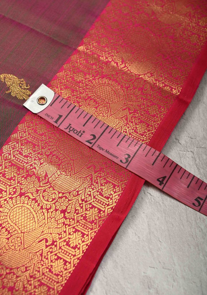 Green-Pink Dual tone Pure Kanjivaram Silk Saree with Zari Buttas and Zari Border | SILK MARK CERTIFIED