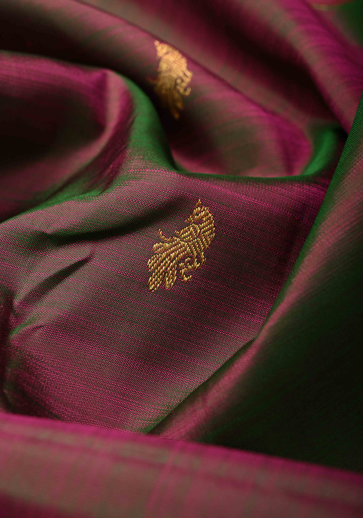 Green-Pink Dual tone Pure Kanjivaram Silk Saree with Zari Buttas and Zari Border | SILK MARK CERTIFIED