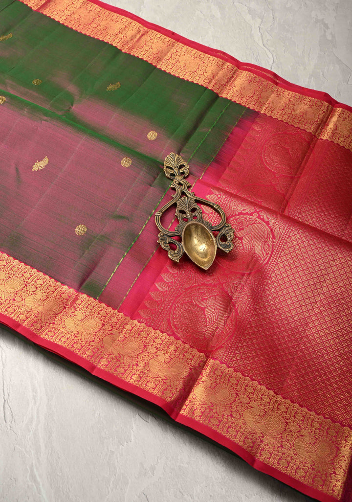 Green-Pink Dual tone Pure Kanjivaram Silk Saree with Zari Buttas and Zari Border | SILK MARK CERTIFIED