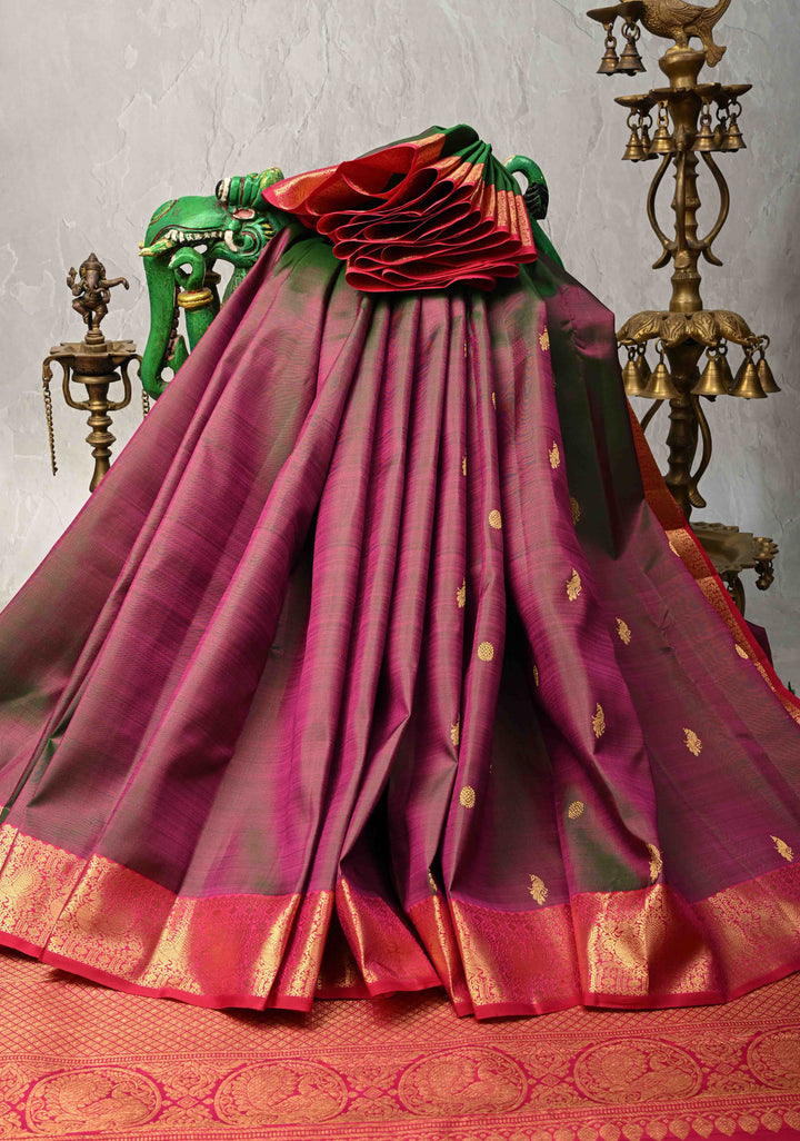 Green-Pink Dual tone Pure Kanjivaram Silk Saree with Zari Buttas and Zari Border | SILK MARK CERTIFIED