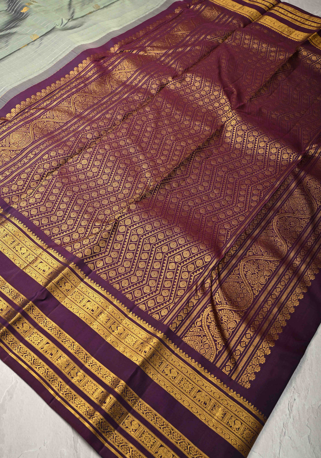 Zari Stripes and Buttas on Pure Kanjivaram Silk Saree in Sage Green with Contrast Zari Border | SILK MARK CERTIFIED