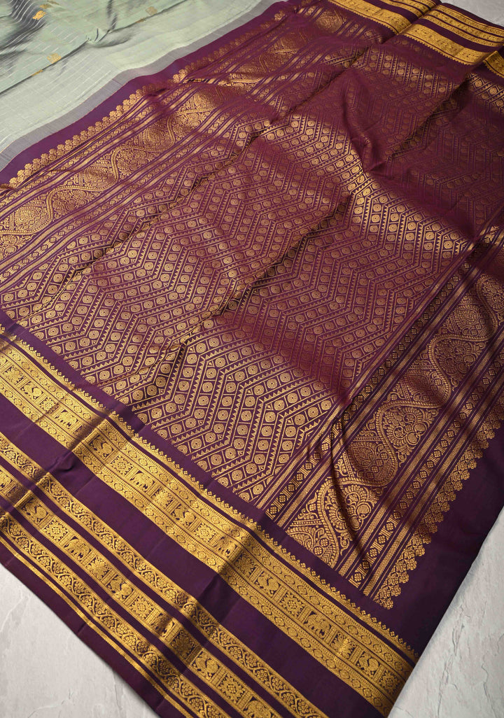 Zari Stripes and Buttas on Pure Kanjivaram Silk Saree in Sage Green with Contrast Zari Border | SILK MARK CERTIFIED