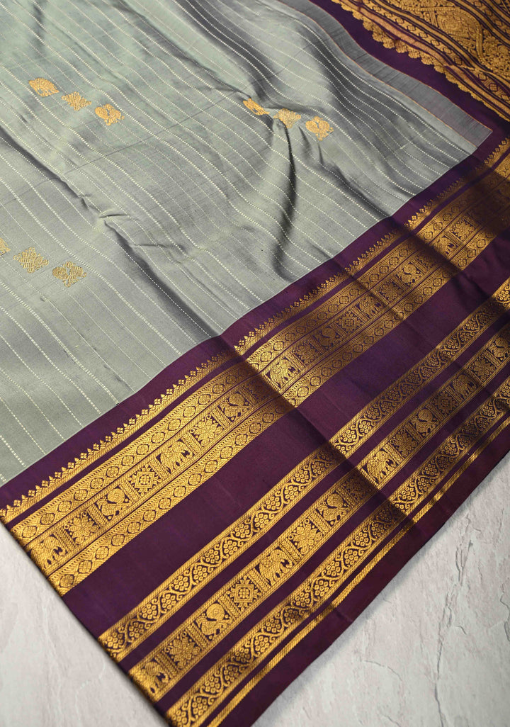 Zari Stripes and Buttas on Pure Kanjivaram Silk Saree in Sage Green with Contrast Zari Border | SILK MARK CERTIFIED