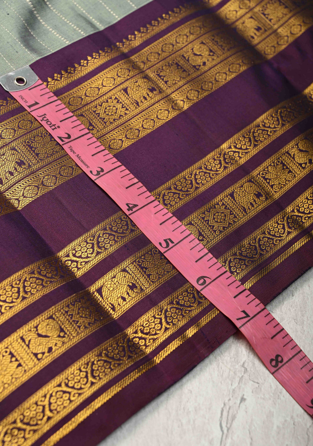 Zari Stripes and Buttas on Pure Kanjivaram Silk Saree in Sage Green with Contrast Zari Border | SILK MARK CERTIFIED