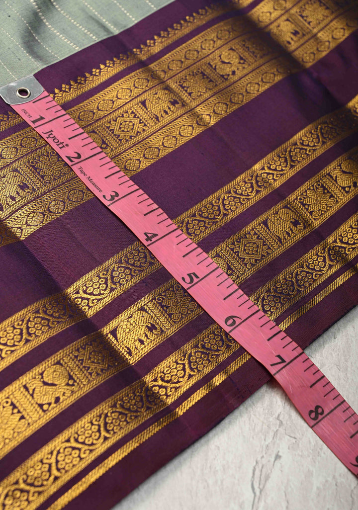 Zari Stripes and Buttas on Pure Kanjivaram Silk Saree in Sage Green with Contrast Zari Border | SILK MARK CERTIFIED