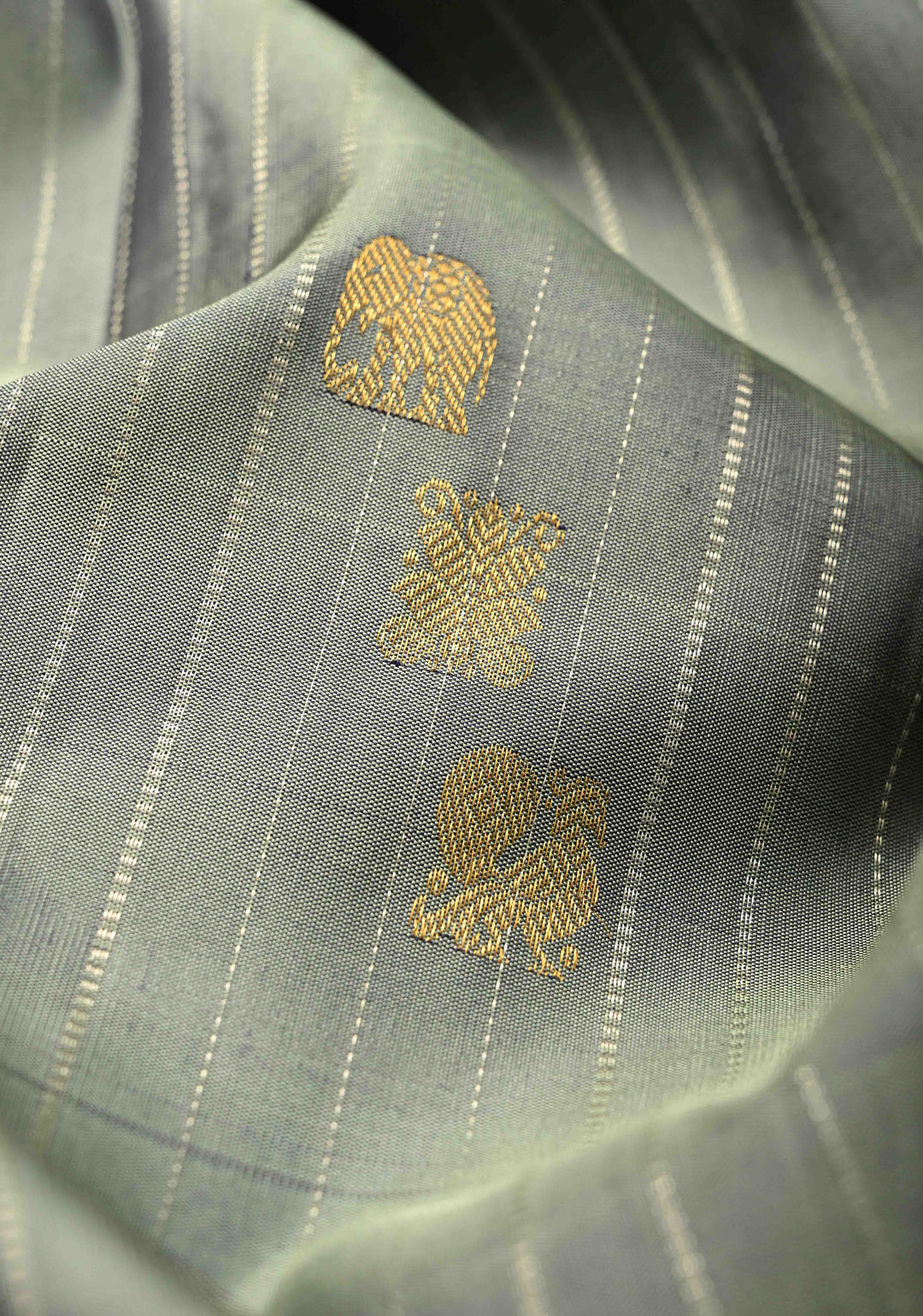 Zari Stripes and Buttas on Pure Kanjivaram Silk Saree in Sage Green with Contrast Zari Border | SILK MARK CERTIFIED