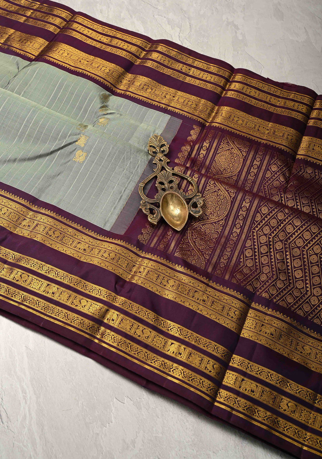 Zari Stripes and Buttas on Pure Kanjivaram Silk Saree in Sage Green with Contrast Zari Border | SILK MARK CERTIFIED