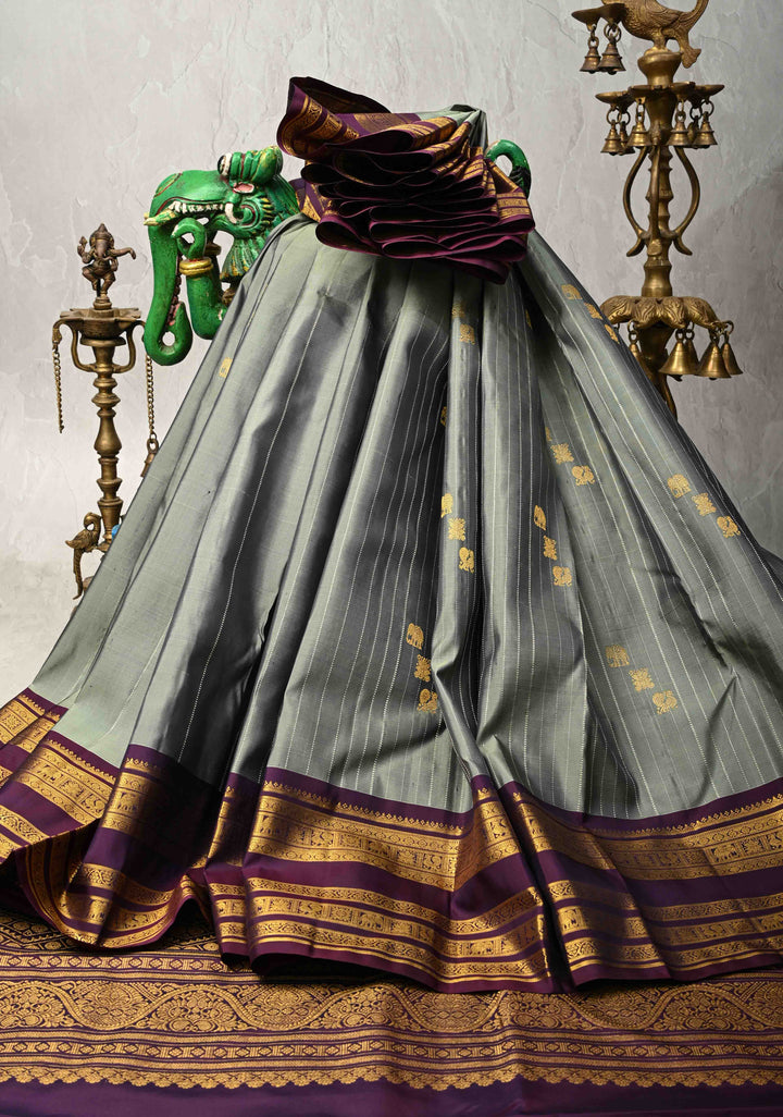 Zari Stripes and Buttas on Pure Kanjivaram Silk Saree in Sage Green with Contrast Zari Border | SILK MARK CERTIFIED