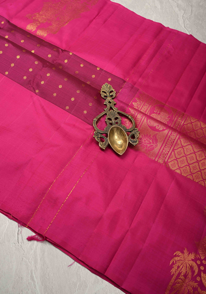 Pansy Purple Kanjivaram Pure Silk Saree with zari Butti and Distinct Radha Krishna Motifs on Border | SILK MARK CERTIFIED